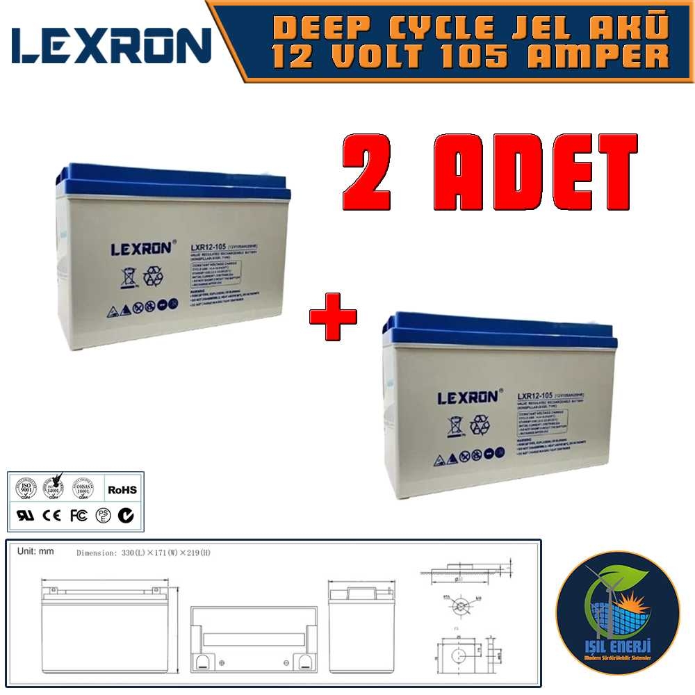 Lexron 12v 105 Ah Solar Jel Akü - 12 Volt 105 Amper Solar Jel Akü - 2 Adet