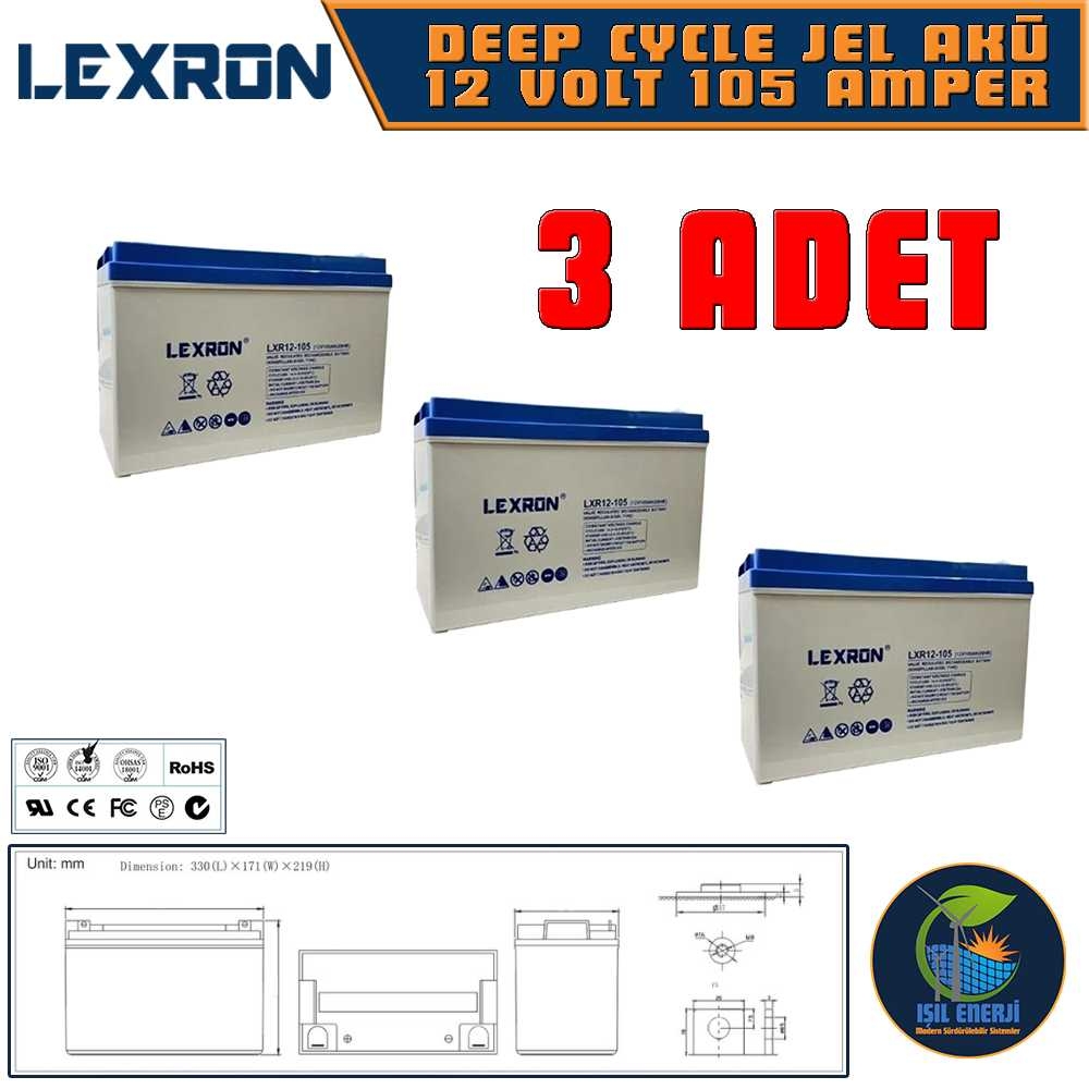 Lexron 12v 105 Ah Solar Jel Akü - 12 Volt 105 Amper Solar Jel Akü - 3 Adet
