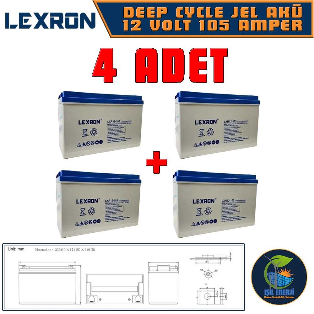 Lexron 12v 105 Ah Solar Jel Akü - 12 Volt 105 Amper Solar Jel Akü - 4 Adet
