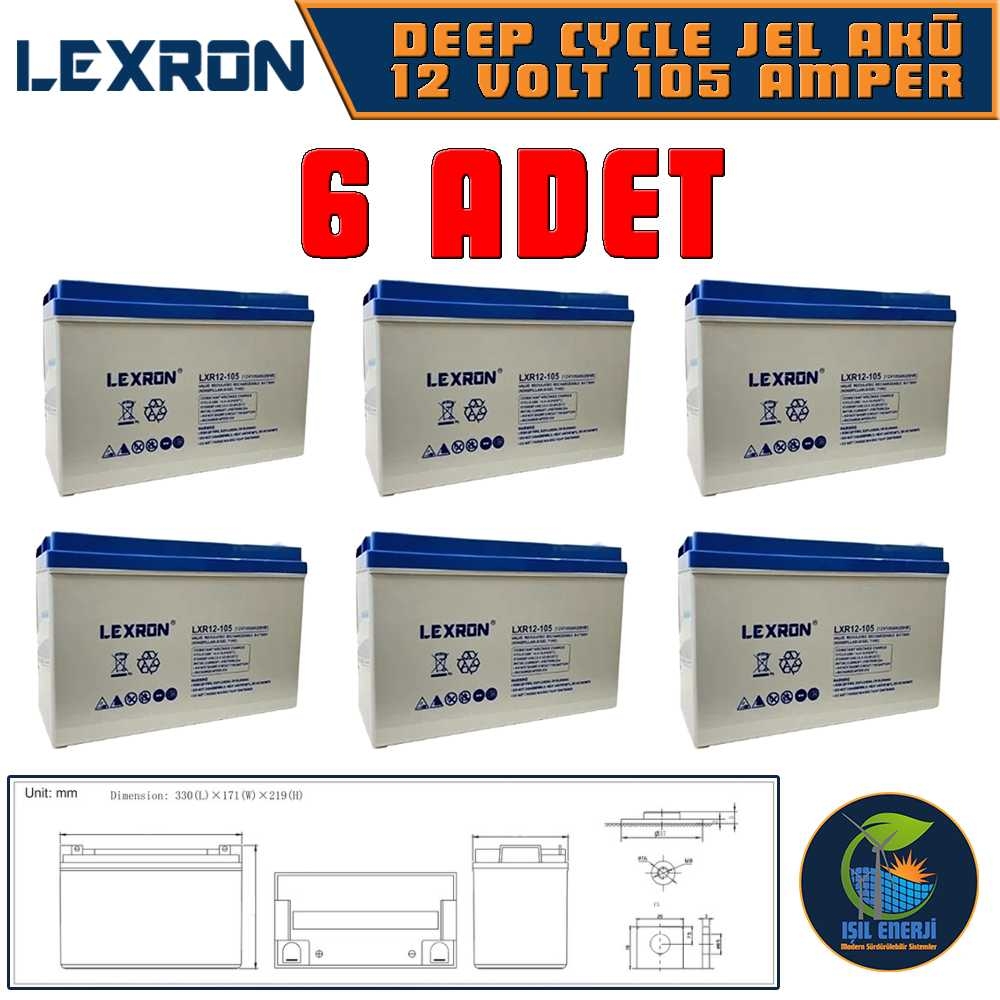 Lexron 12v 105 Ah Solar Jel Akü - 12 Volt 105 Amper Solar Jel Akü - 6 Adet