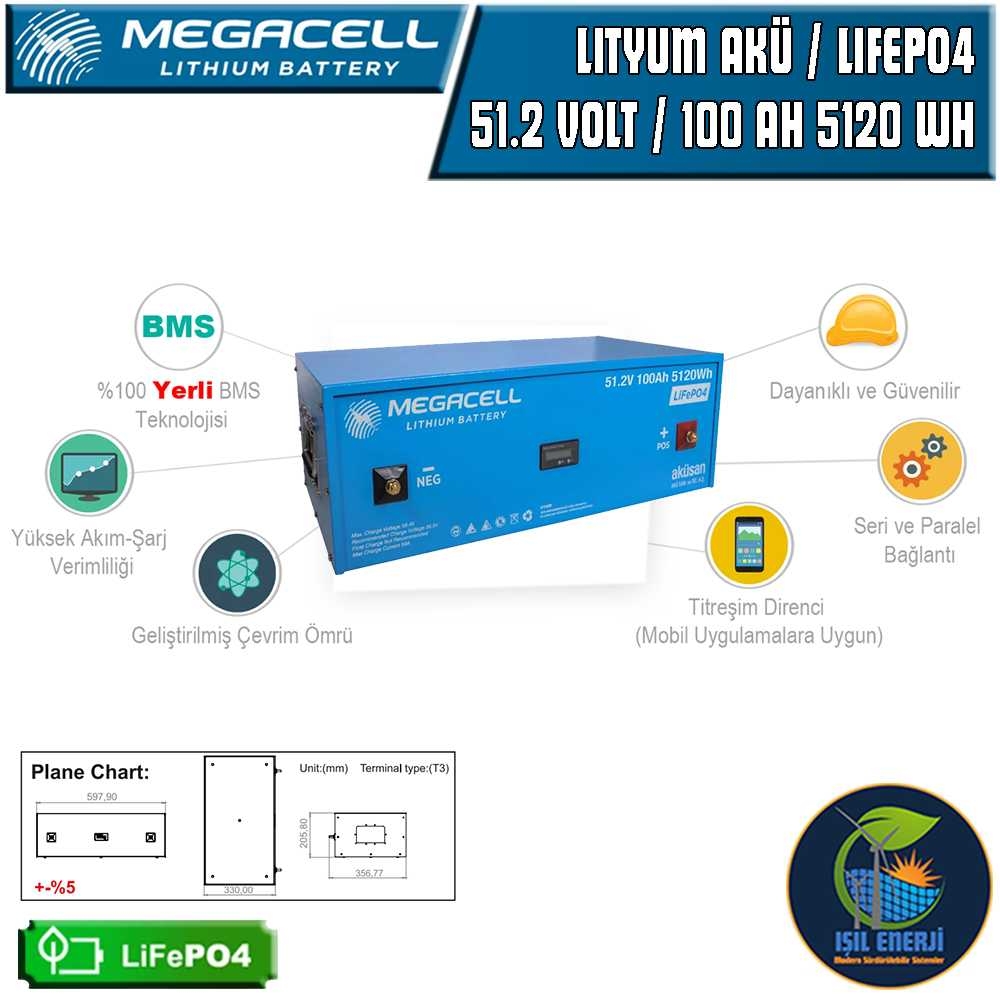 Megacel 51.2 Volt 100 Amper Lityum Akü Metal Kasa - 51.2 V 100 Ah Lıfepo4 5120 Wh