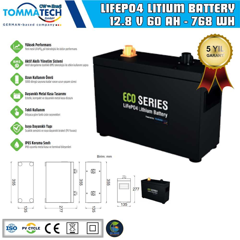 Tommatech Eco Series 12.8 Volt 60 Amper Lityum Akü - 12.8 V 60 Ah Lıfepo4 - 768 Wh