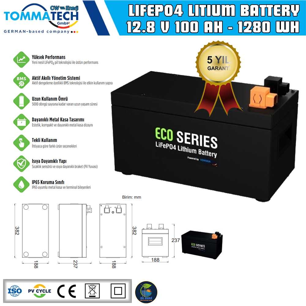 Tommatech Eco Series 12.8 Volt 100 Amper Lityum Akü - 12.8 V 100 Ah Lıfepo4 - 1280 Wh - 1.28 Kwh