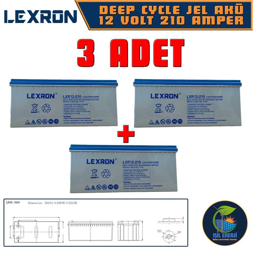 Lexron 12v 210 Ah Solar Jel Akü - 12 Volt 210 Amper Solar Jel Akü - 3 Adet