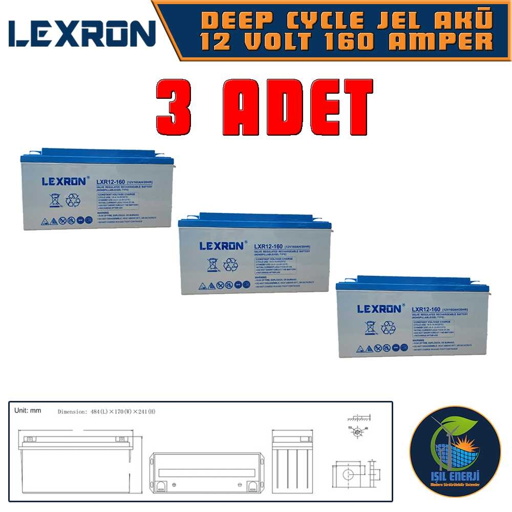 Lexron 12v 160 Ah Solar Jel Akü - 12 Volt 160 Amper Solar Jel Akü - 3 Adet