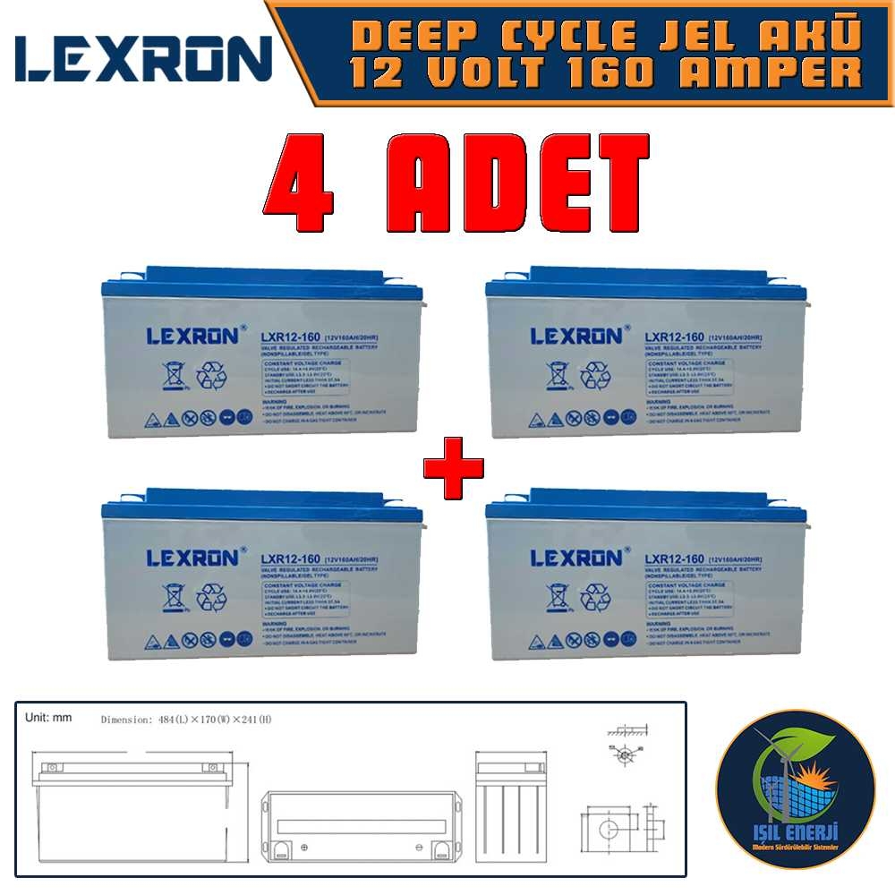 Lexron 12v 160 Ah Solar Jel Akü - 12 Volt 160 Amper Solar Jel Akü - 4 Adet